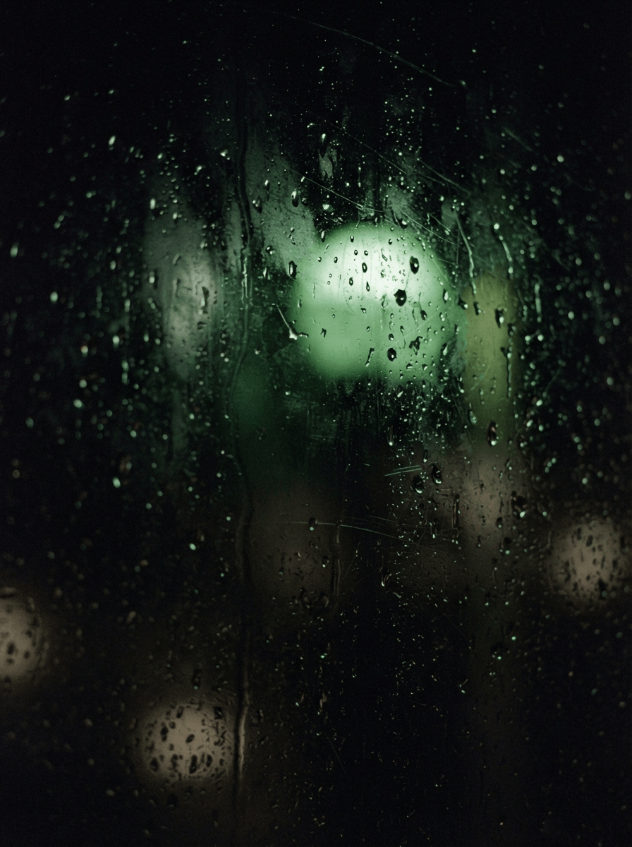 Rain-speckled glass reflecting a green light at night